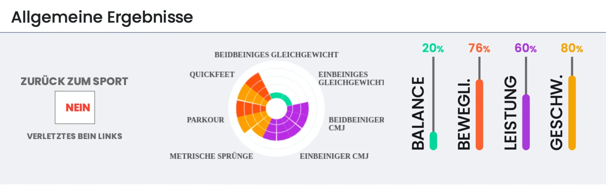 Ergebnis Return to Sport, verletztes Bein links: Zurück zum Sport – Nein. Balance 20, Beweglichkeit 76, Leistung 60, Geschwindigkeit 80 Prozent